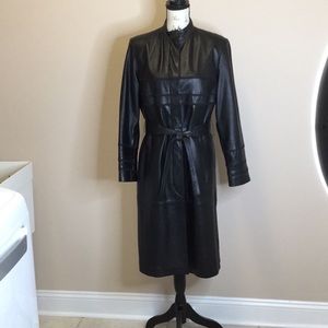 Terry Lewis black leather coat with lace trim